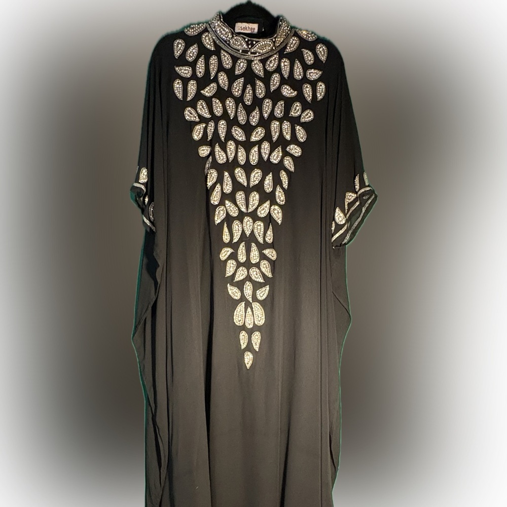 Sakhee Dubai Fancy Kaftan Black Chiffon Crystal-Beaded